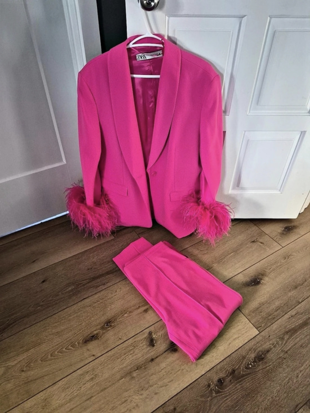 Zara Feather Cuff Blazer and Pants Set Pink